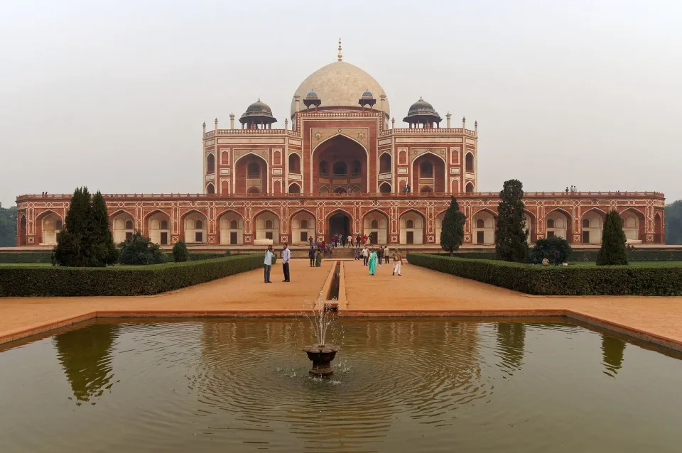 Humayun's Tomb in Delhi reflected in the garden's water channel