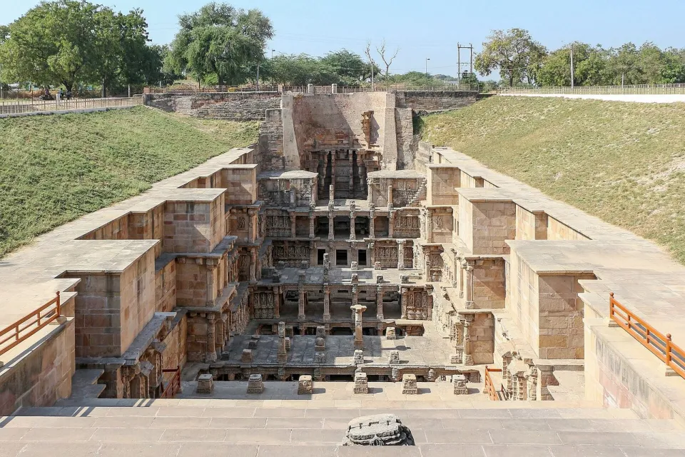The carved stone steps of the Rani ki Vav stepwell at Patan in Gujarat