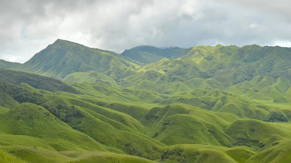 The rolling green hills of Dzükou Valley on the Nagaland–Manipur border