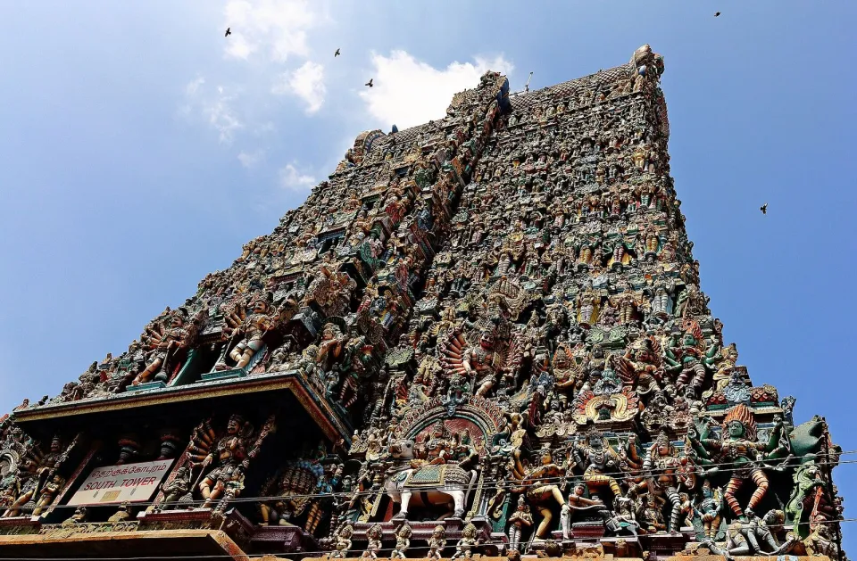 The painted gopuram of the Meenakshi Amman Temple in Madurai